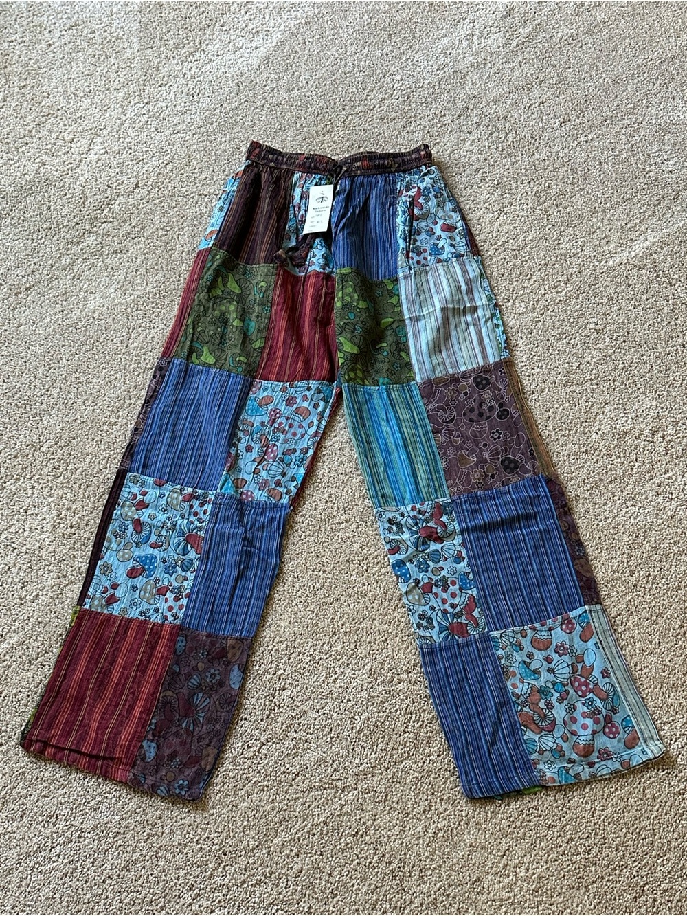Kathmandu Imports Pants Womens Medium/Large Boho Patchwork Mushroom Wide Leg NWT